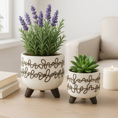 Planters Set of 2 - Beige Ceramic Scribble Footed, 6/8 in.