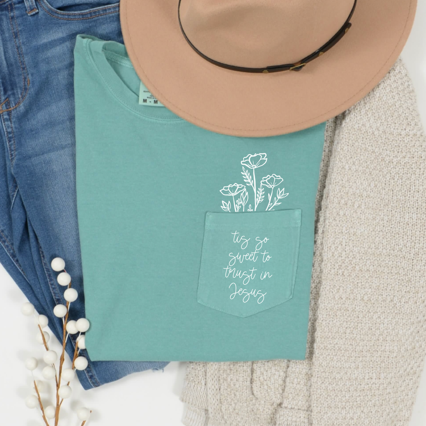 Tis So Sweet to Trust in Jesus Pocket Tee Multiple Colors