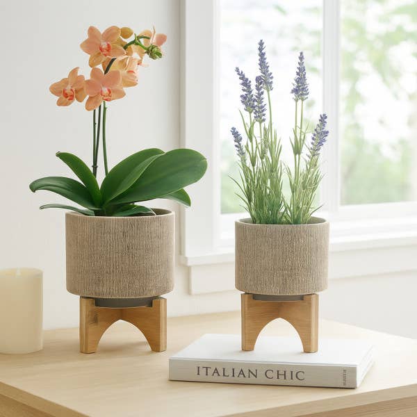 Planters On Stands Set of 2 - Tan Ceramic Mesh, 5/8 in.