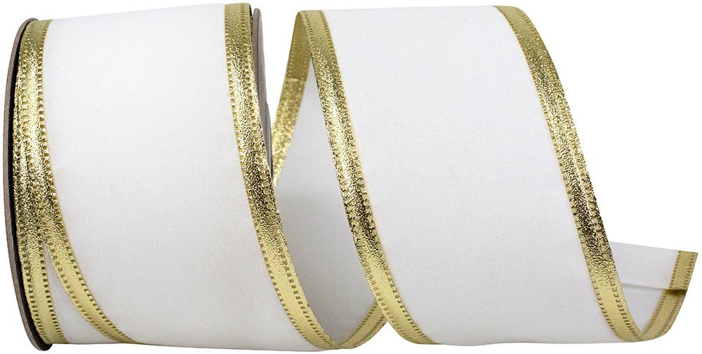 Velvet Dynasty Wired Edge Ribbon, White/gold, 2-1/2 In