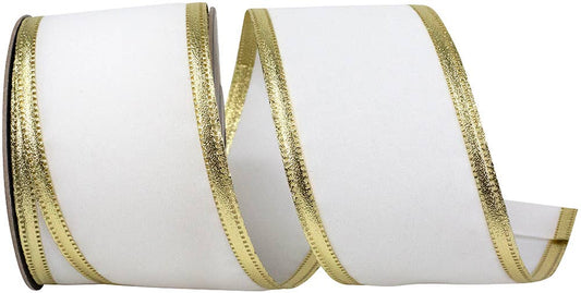 Velvet Dynasty Wired Edge Ribbon, White/gold, 2-1/2 In