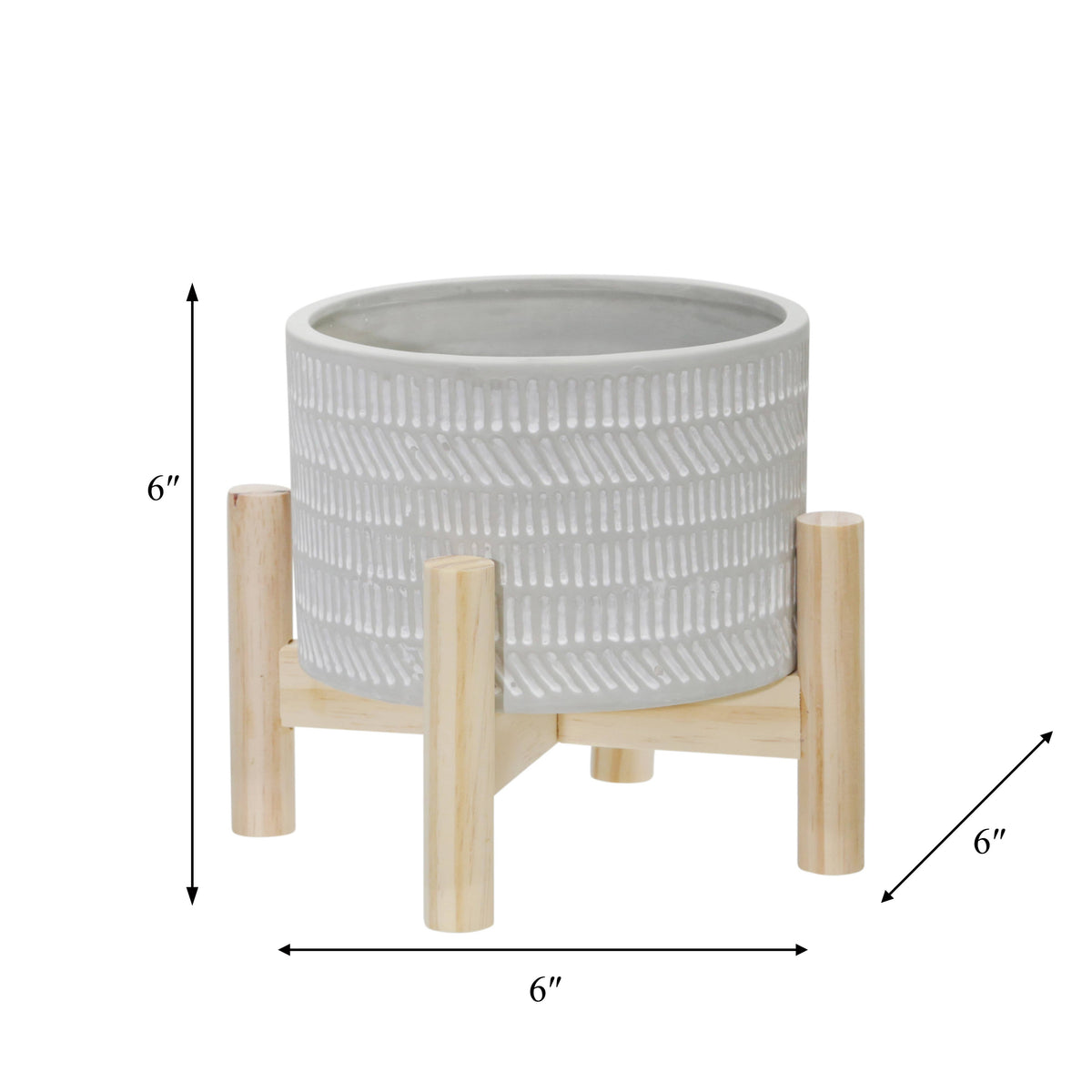 Ceramic Tribal Geometric Planter Wood Stand - Ivory, 6 in.