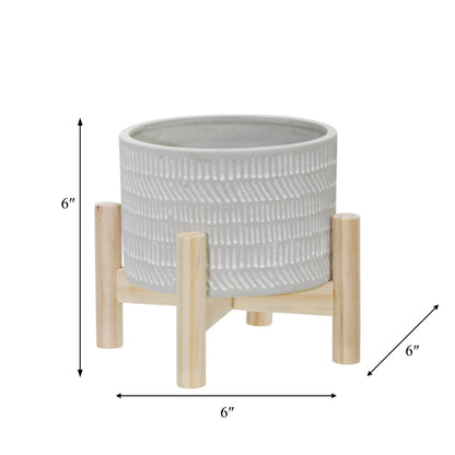 Ceramic Tribal Geometric Planter Wood Stand - Ivory, 6 in.