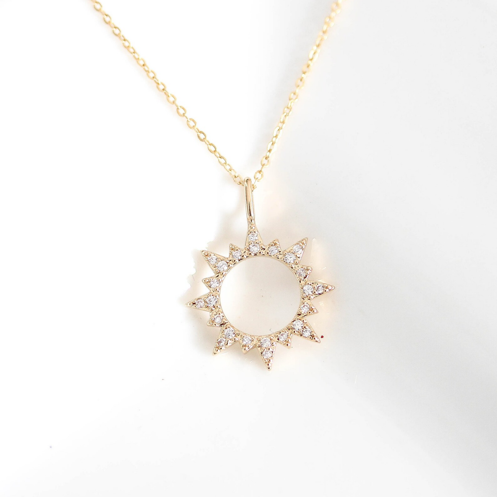 "Arise, Shine" 14k Gold Cubic Zirconia Sun Charm Necklace