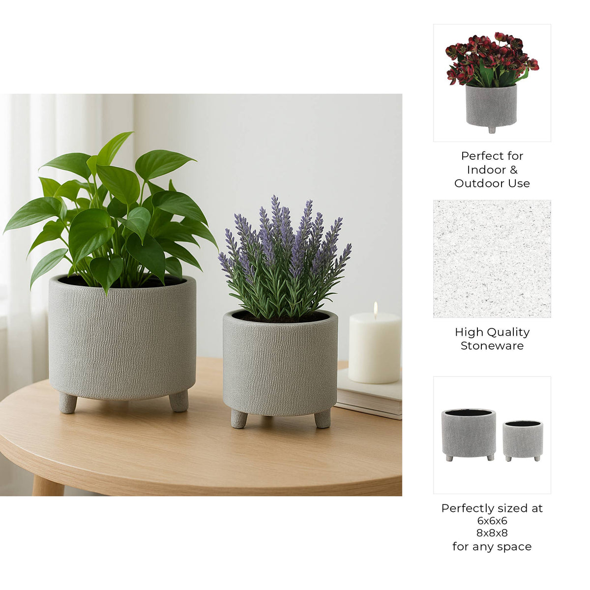 Planters Set of 2 - Silver Ceramic Footed Scratched, 6/8 in.