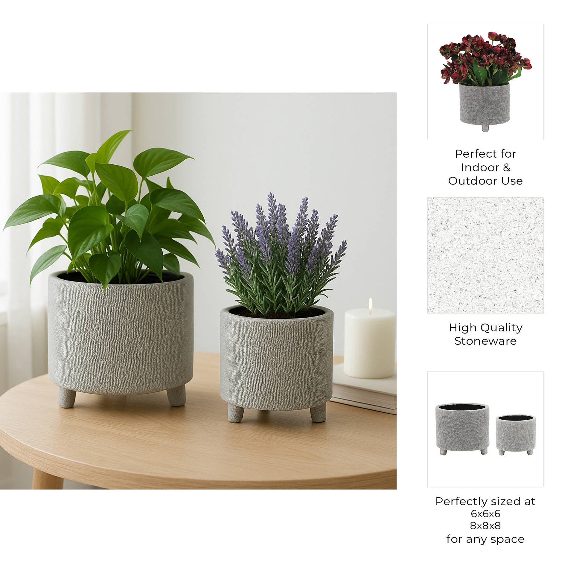 Planters Set of 2 - Silver Ceramic Footed Scratched, 6/8 in.