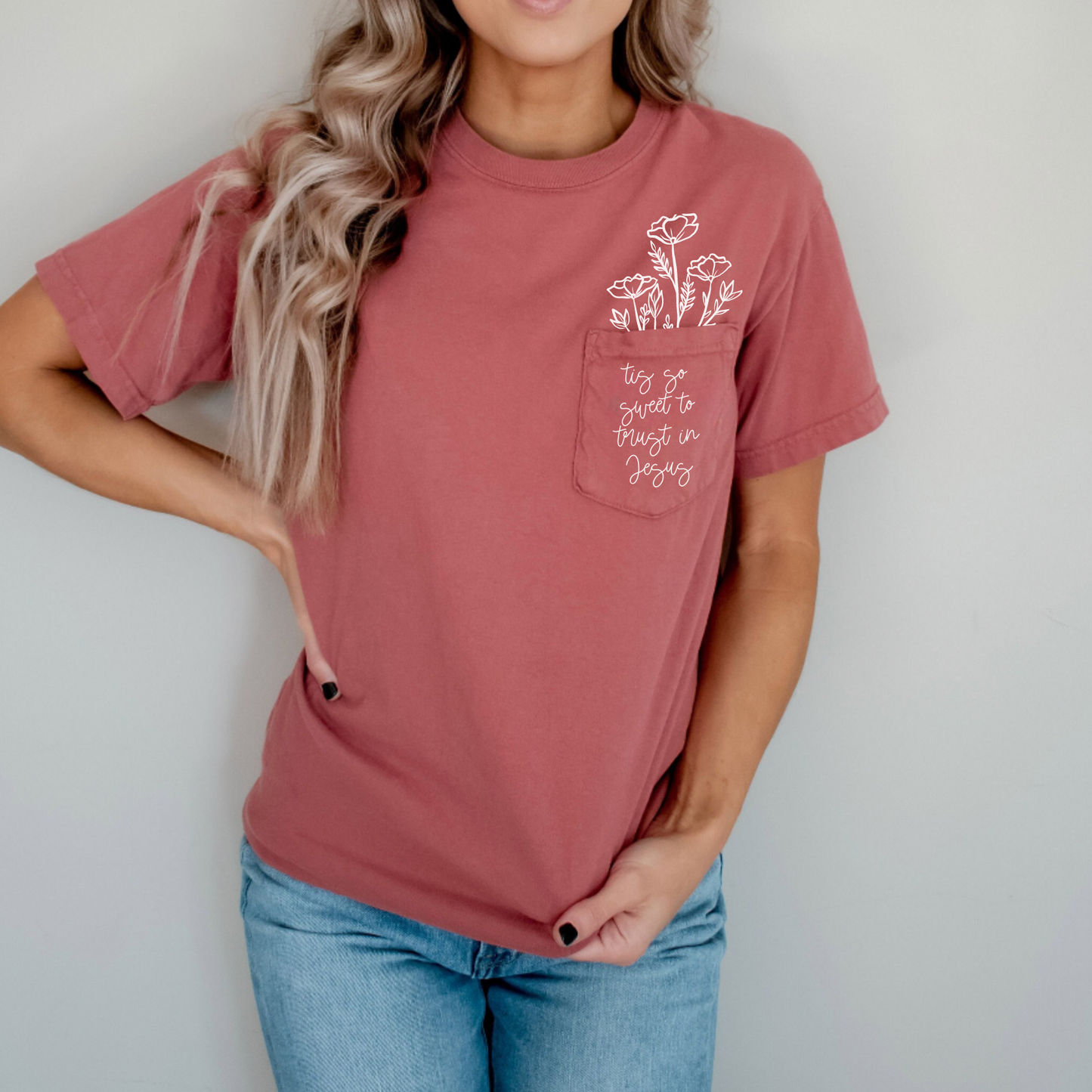 Tis So Sweet to Trust in Jesus Pocket Tee Multiple Colors