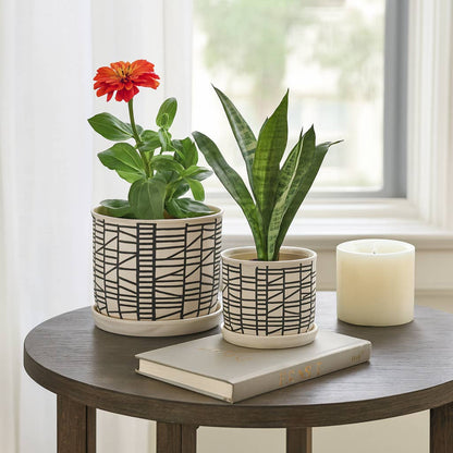 Planters Set of 2 - Beige Ceramic Geometric Saucer, 6/8 in.