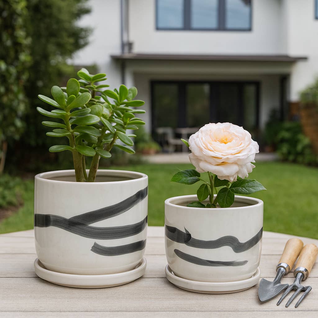 Planters Set of 2 - White Ceramic Painted Saucers, 5/6 in.