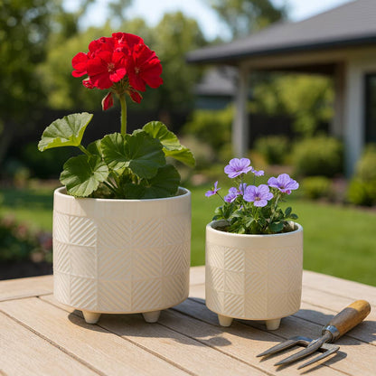 Planters Set of 2 - White Ceramic Textured Footed, 6/8 in.