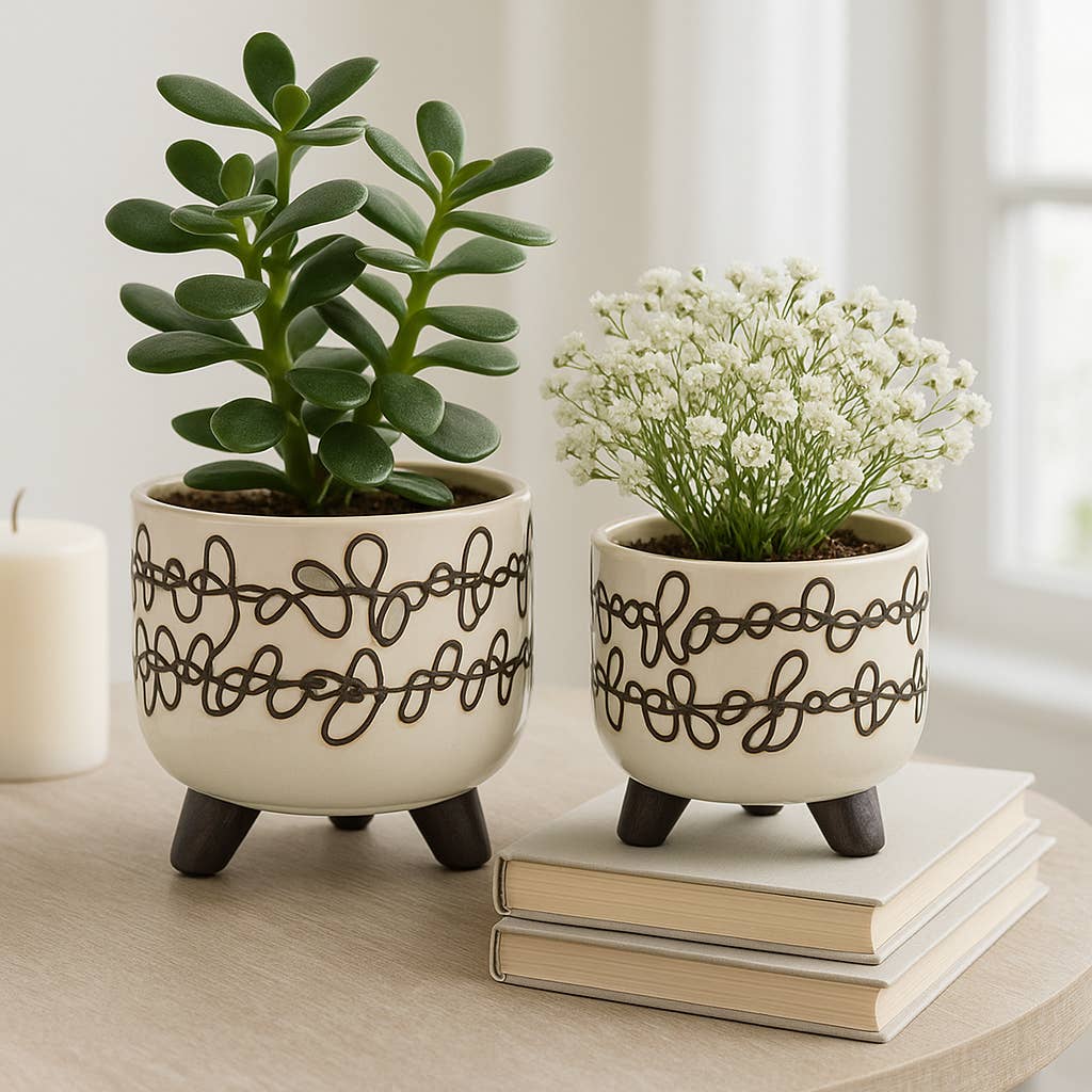 Planters Set of 2 - Beige Ceramic Scribble Footed, 6/8 in.