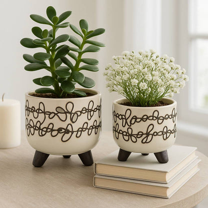 Planters Set of 2 - Beige Ceramic Scribble Footed, 6/8 in.