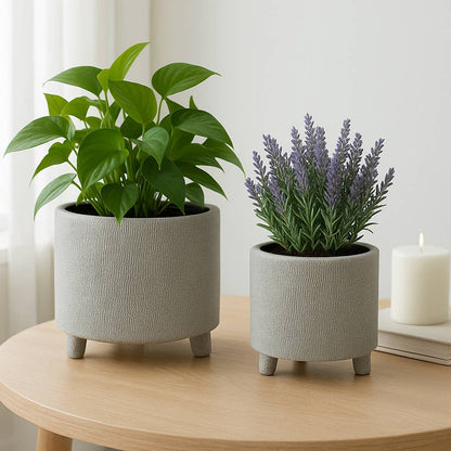 Planters Set of 2 - Silver Ceramic Footed Scratched, 6/8 in.