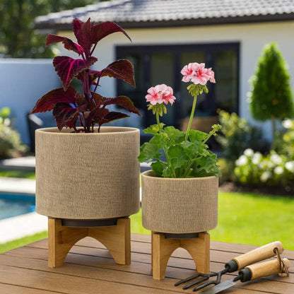 Planters On Stands Set of 2 - Tan Ceramic Mesh, 5/8 in.