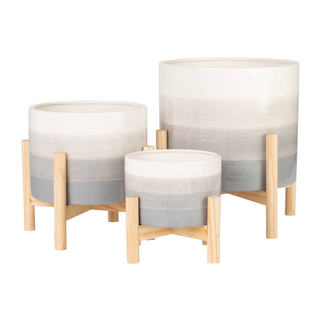 Ceramic Indoor/Outdoor Planter on Wood Stand - Beige, 12 in.