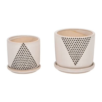 Planters Set of 2 - White Ceramic Triangle Dots, 6/8 in.