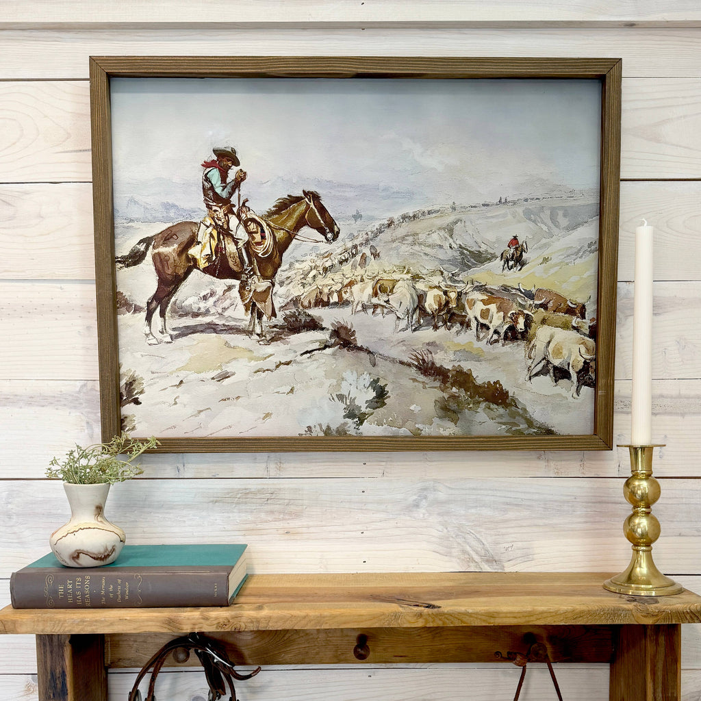 Cowboy Cattle Drive - Ranch House Canvas Art - Wood Framed 6x10