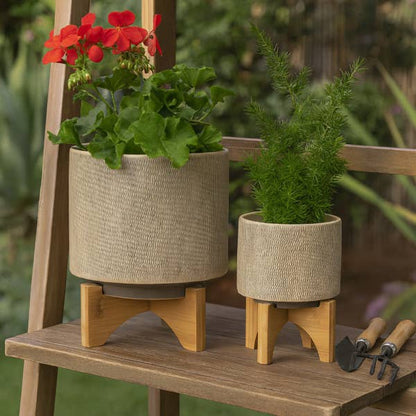 Planters On Stands Set of 2 - Tan Ceramic Mesh, 5/8 in.