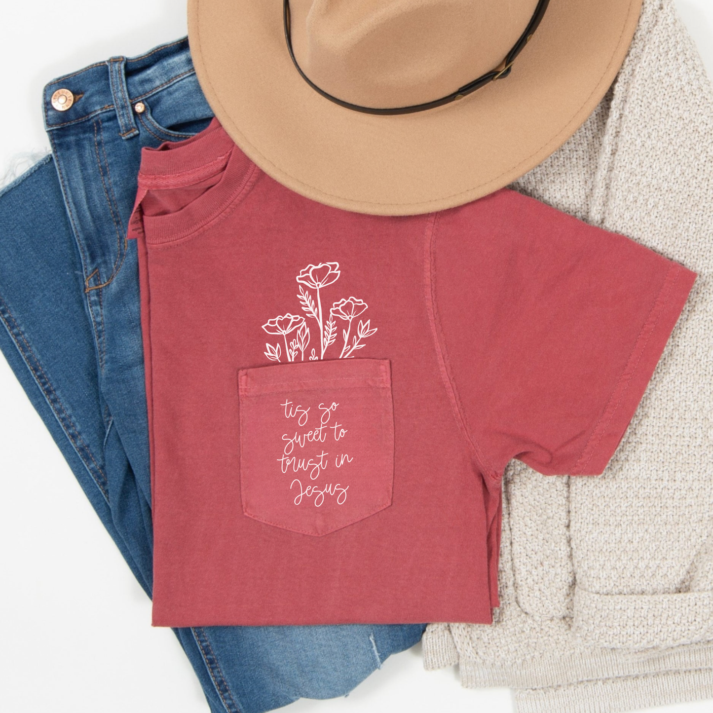 Tis So Sweet to Trust in Jesus Pocket Tee Multiple Colors