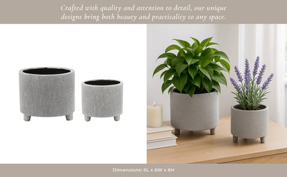 Planters Set of 2 - Silver Ceramic Footed Scratched, 6/8 in.