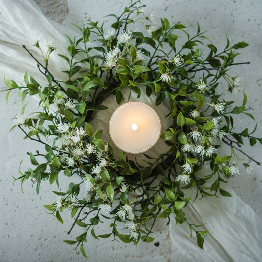 14" TEA LEAF W/ WHITE FLOWERS CANDLE RING