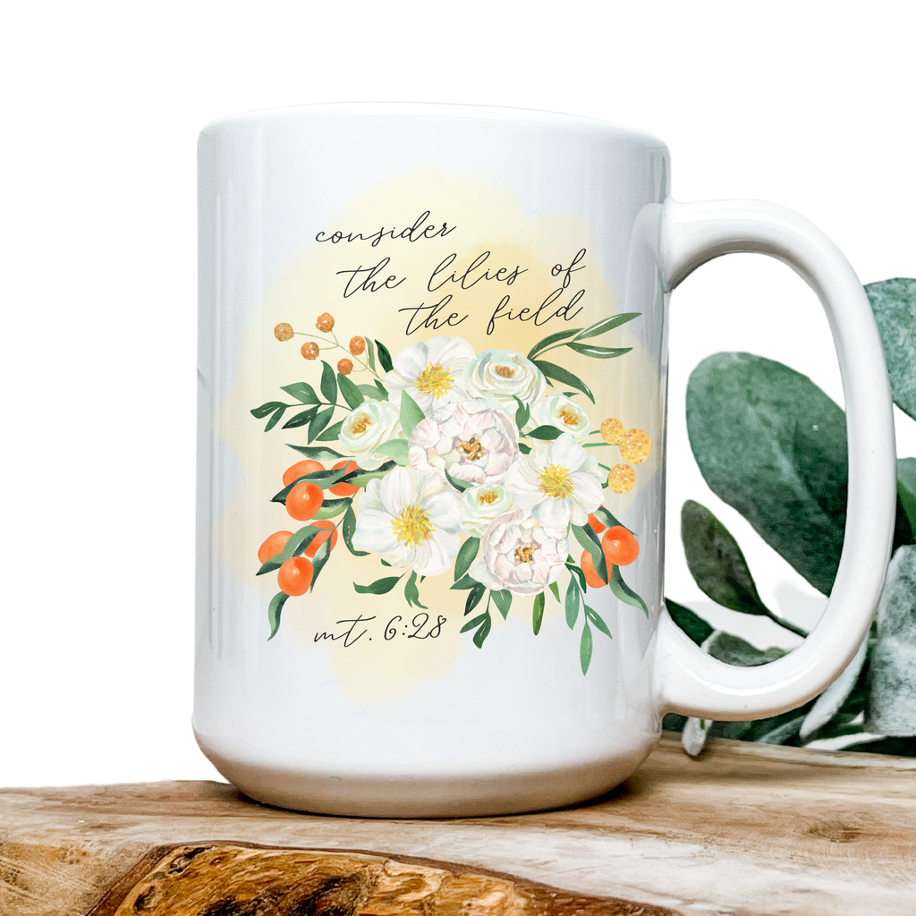 Consider the Lilies Watercolor Floral Christian 15oz Ceramic Coffee Mug