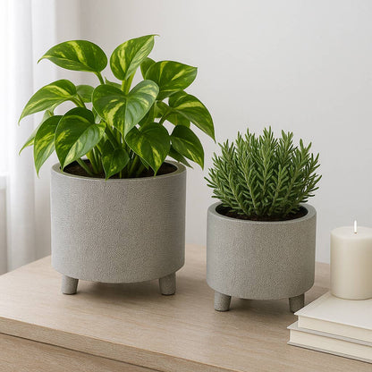 Planters Set of 2 - Silver Ceramic Footed Scratched, 6/8 in.
