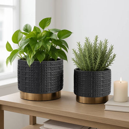 Planter Set of 2 - Black Ceramic Raised Mesh, 6/8 in.