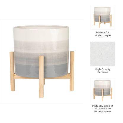Ceramic Indoor/Outdoor Planter on Wood Stand - Beige, 12 in.