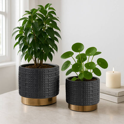 Planter Set of 2 - Black Ceramic Raised Mesh, 6/8 in.