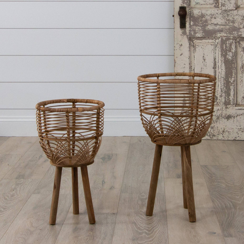 Woven Rattan Footed Baskets (Set Of 02)