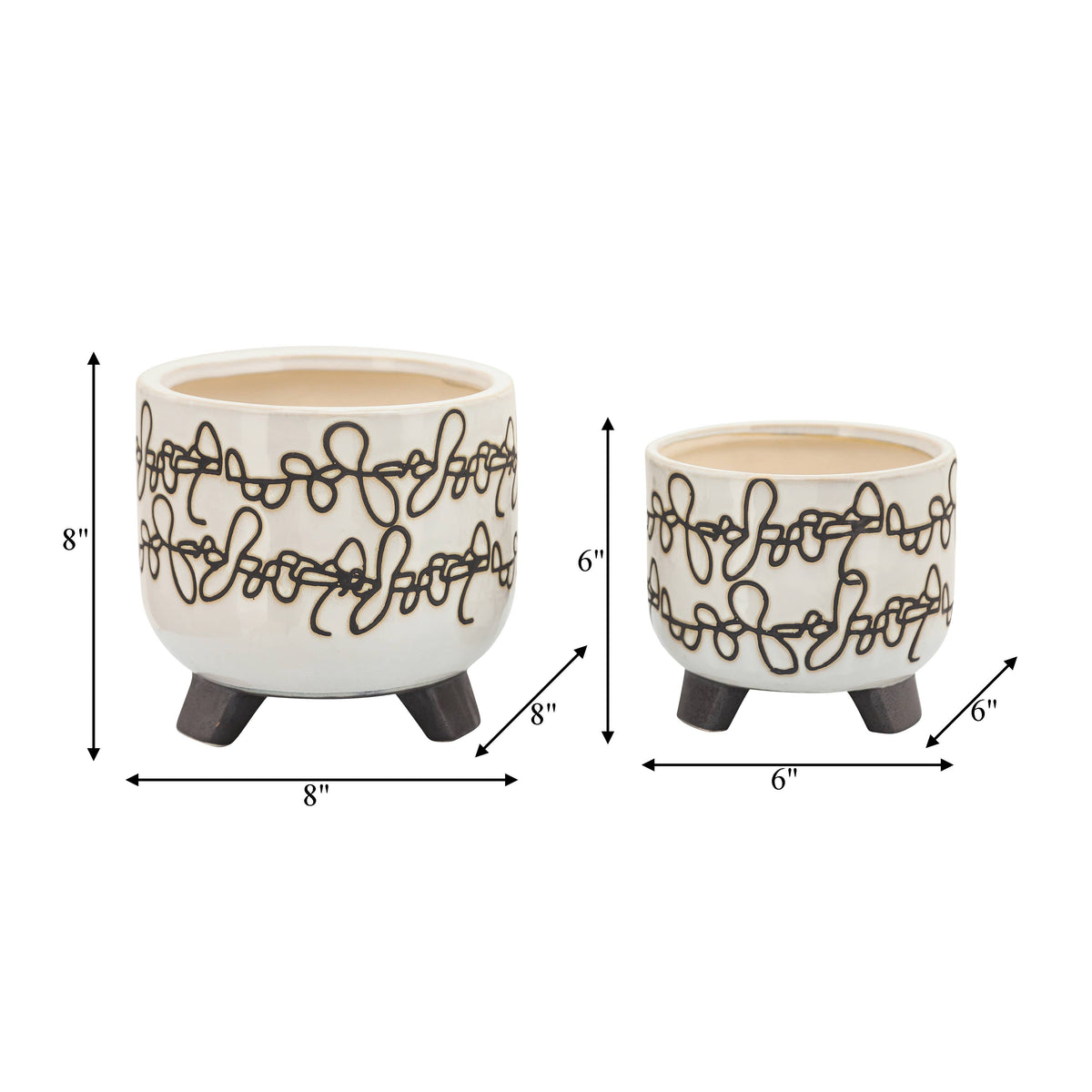 Planters Set of 2 - Beige Ceramic Scribble Footed, 6/8 in.