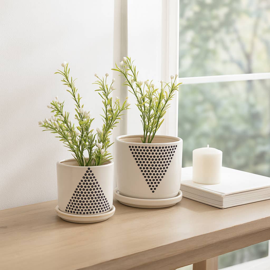 Planters Set of 2 - White Ceramic Triangle Dots, 6/8 in.