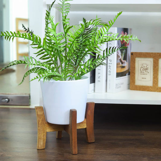 White Ceramic Pot with Wooden Stand - Pot for Houseplant