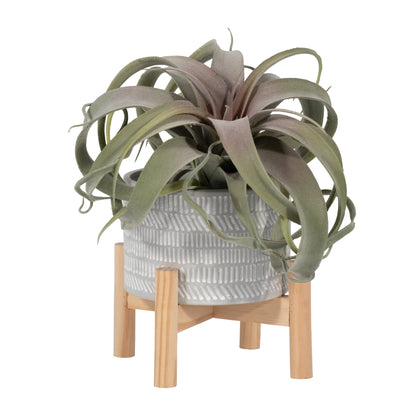 Ceramic Tribal Geometric Planter Wood Stand - Ivory, 6 in.