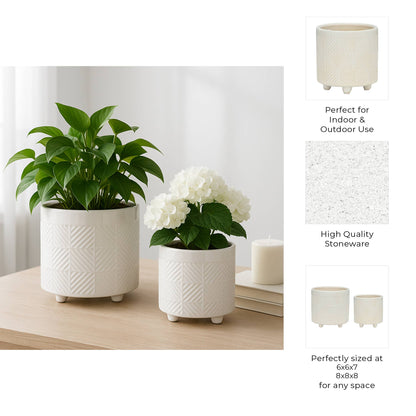 Planters Set of 2 - White Ceramic Textured Footed, 6/8 in.