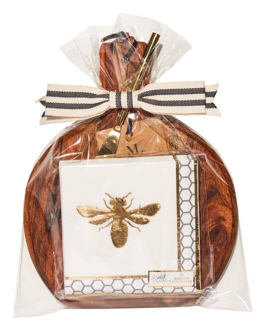 Bevel Board Kit - 9.75 x 8" Acacia Medium w/ Gold Spreader, Honeybee Napkin, and Ribbon