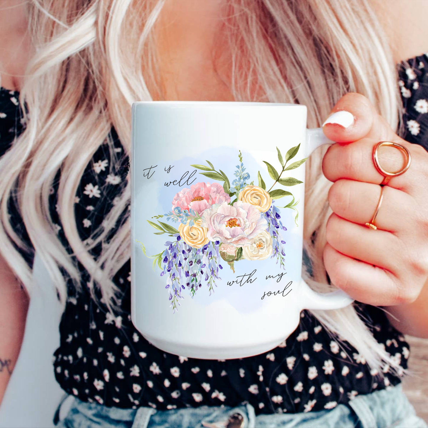 It Is Well Hymn Watercolor Floral Christian 15oz Ceramic Coffee Mug