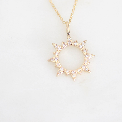"Arise, Shine" 14k Gold Cubic Zirconia Sun Charm Necklace