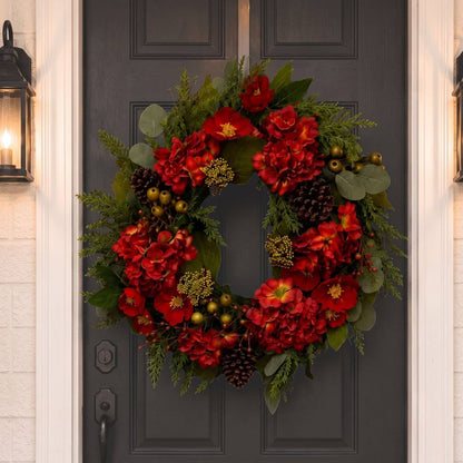 24” Red Floral & Mixed Greenery Wreath