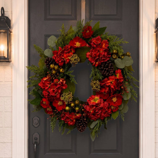 24” Red Floral & Mixed Greenery Wreath