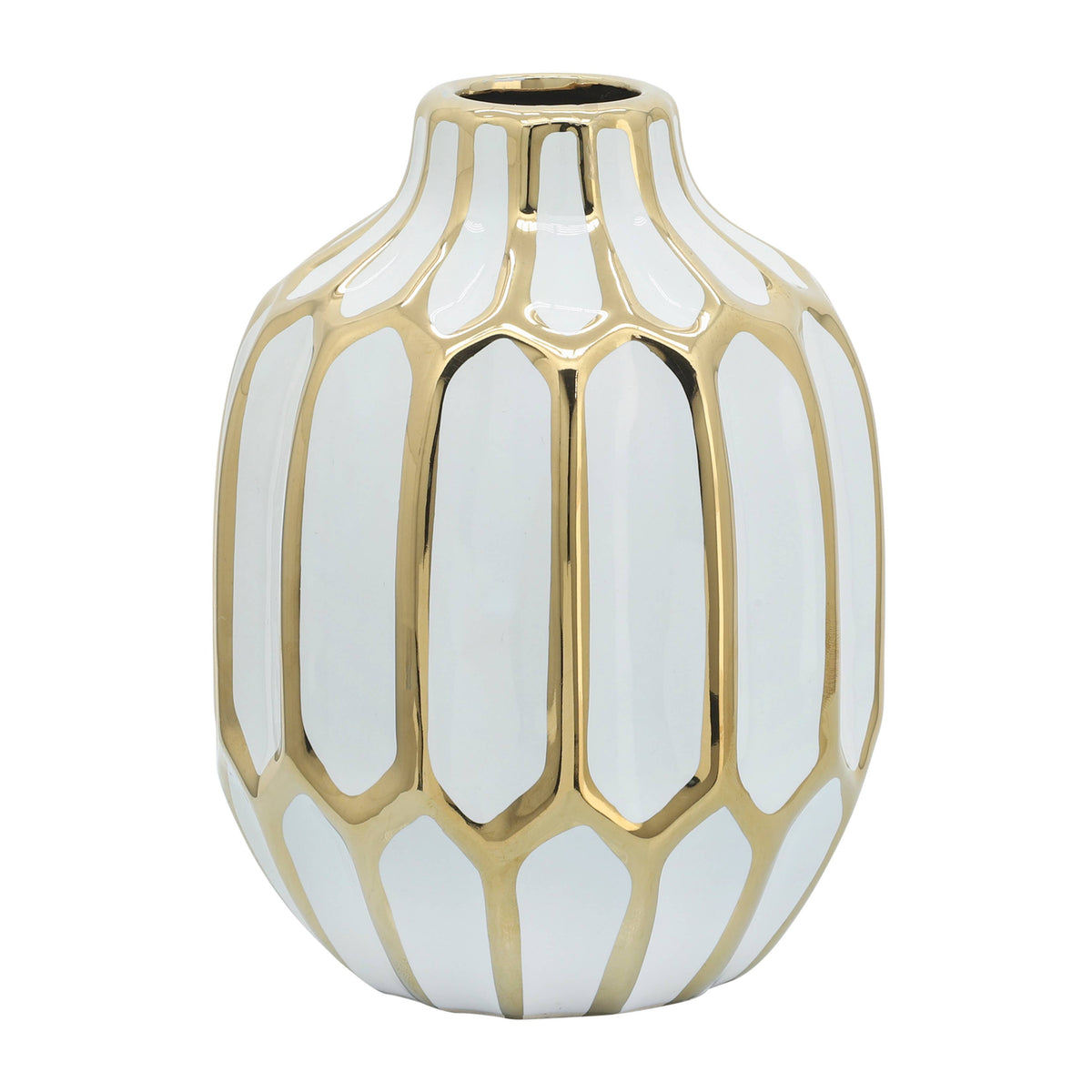 Ceramic Bud Modern Decorative Vase - White/Gold, 8 in.