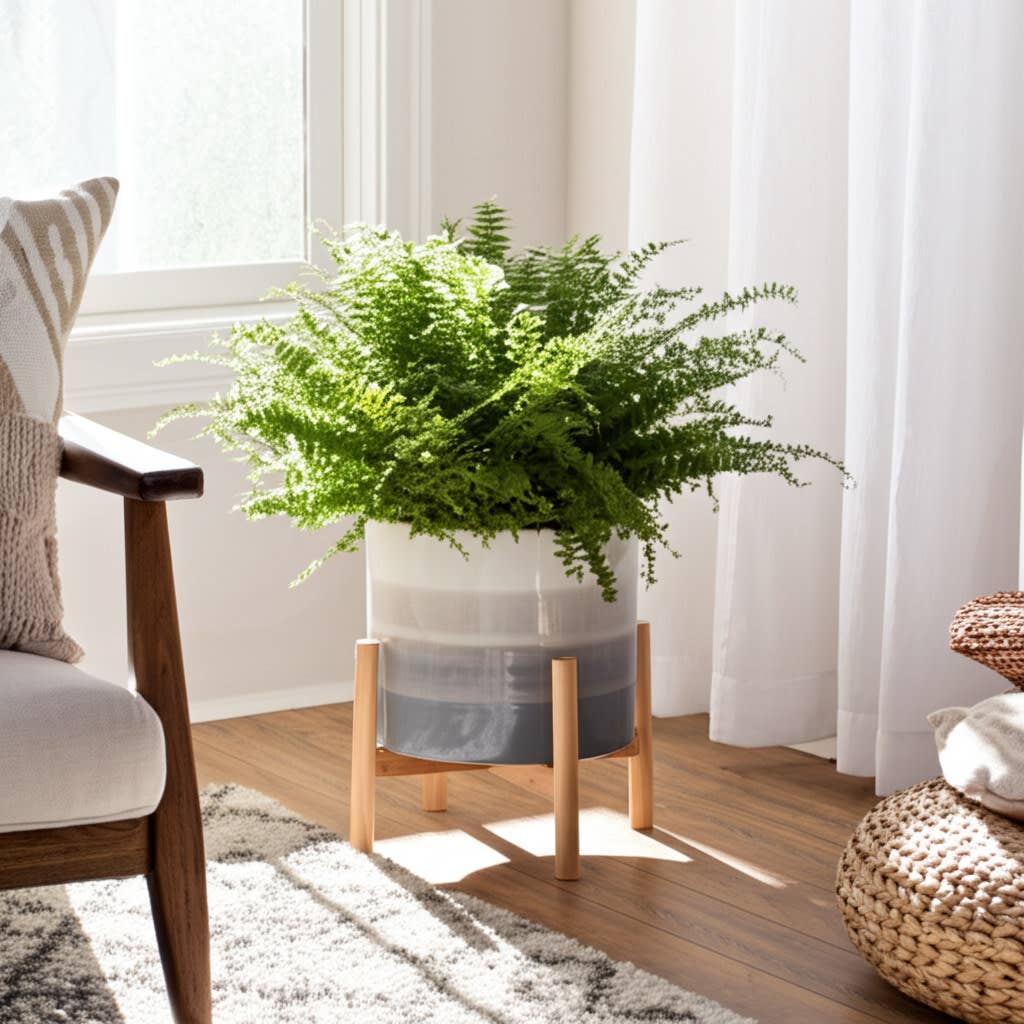 Ceramic Indoor/Outdoor Planter on Wood Stand - Beige, 12 in.