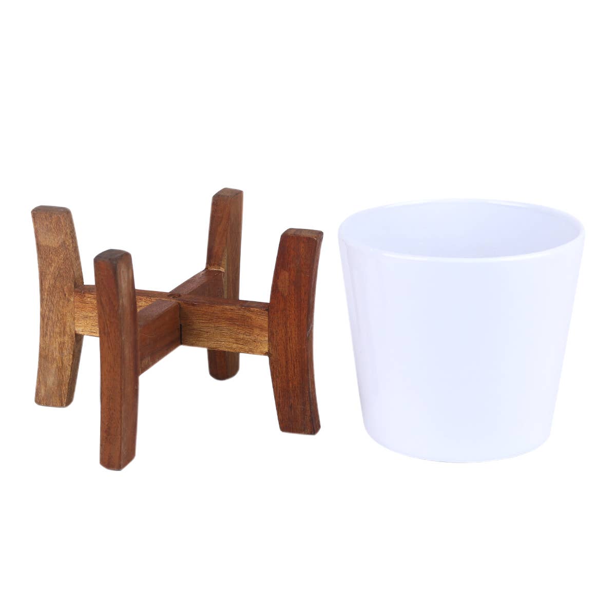 White Ceramic Pot with Wooden Stand - Pot for Houseplant