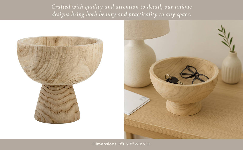 Bowl - Brown Paulownia Wood with Pedestal Base, 8 in.