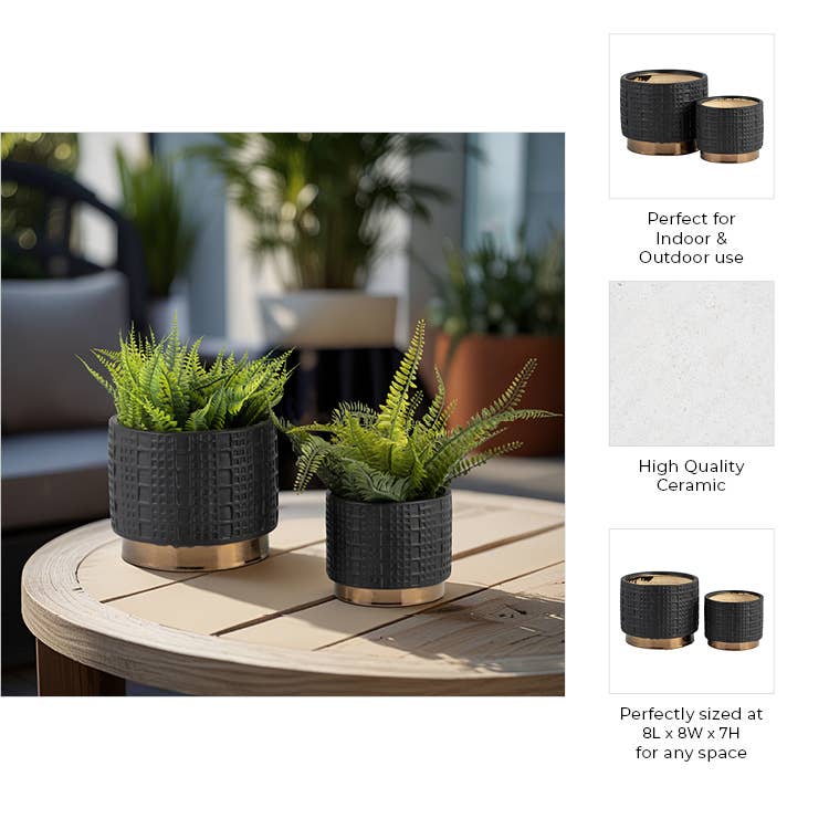 Planter Set of 2 - Black Ceramic Raised Mesh, 6/8 in.