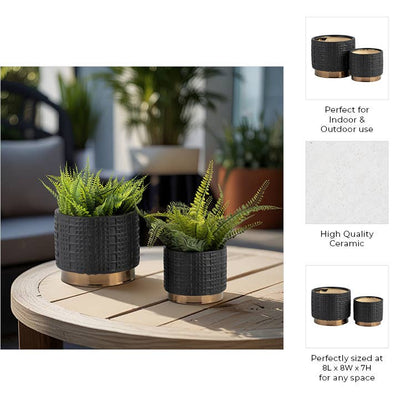 Planter Set of 2 - Black Ceramic Raised Mesh, 6/8 in.