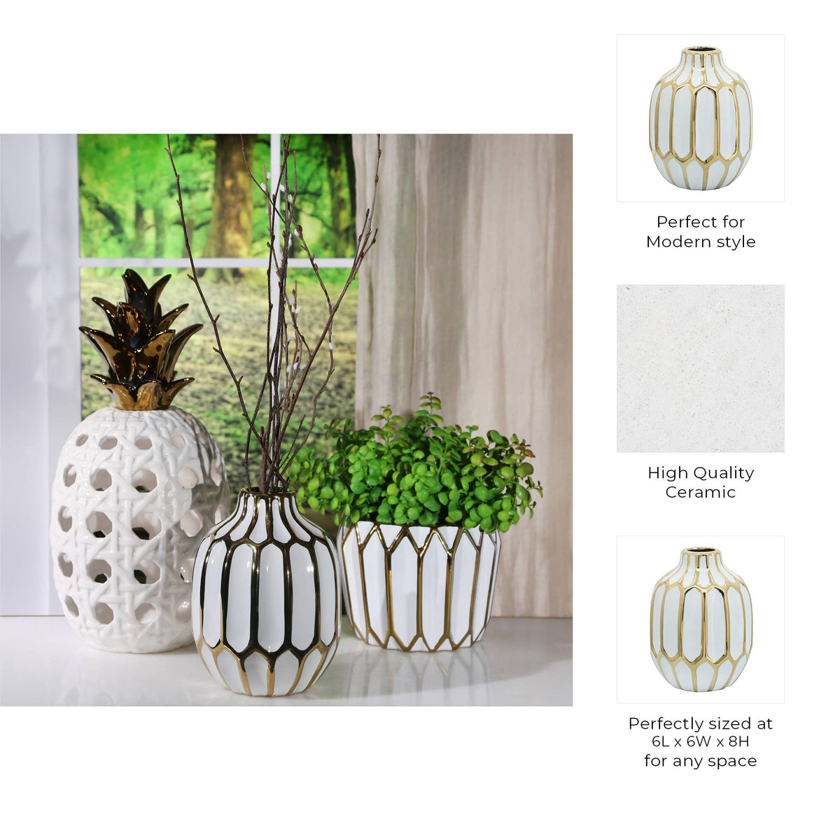 Ceramic Bud Modern Decorative Vase - White/Gold, 8 in.