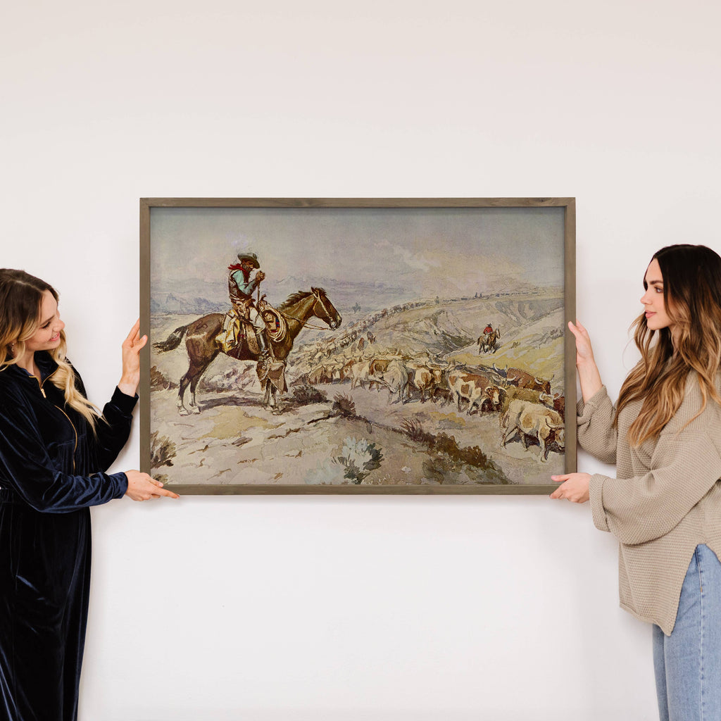 Cowboy Cattle Drive - Ranch House Canvas Art - Wood Framed 6x10