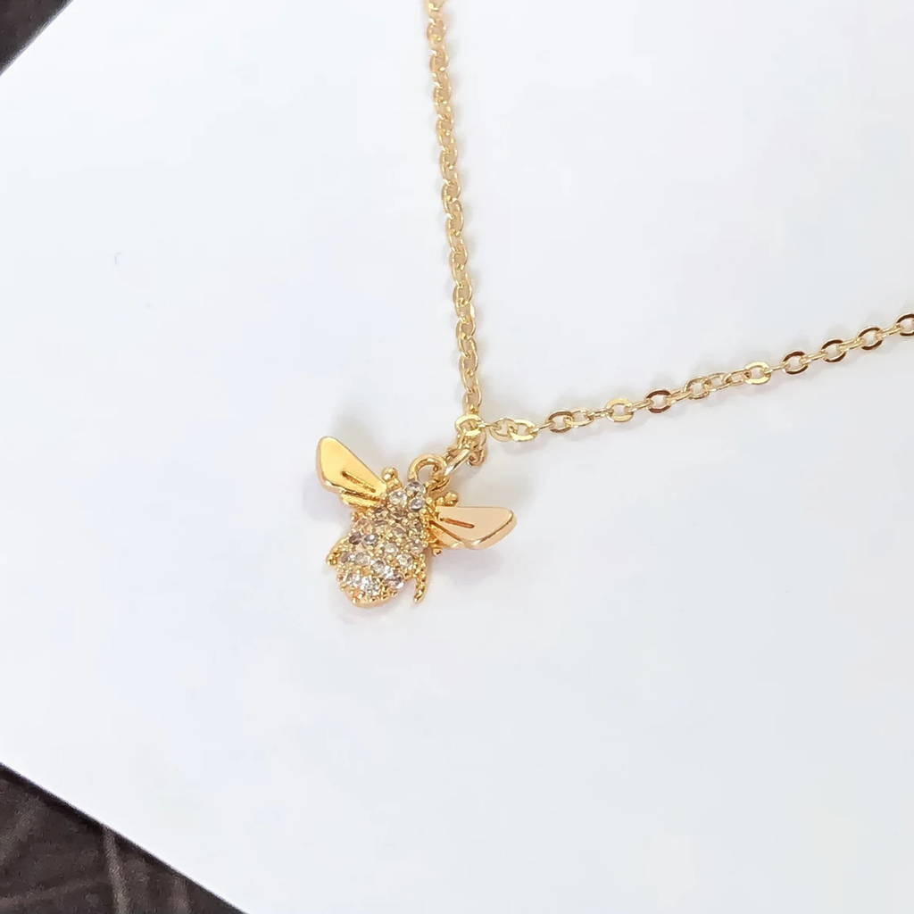 14k Gold Cubic Zirconia Dainty Honey Bee Christian Necklace